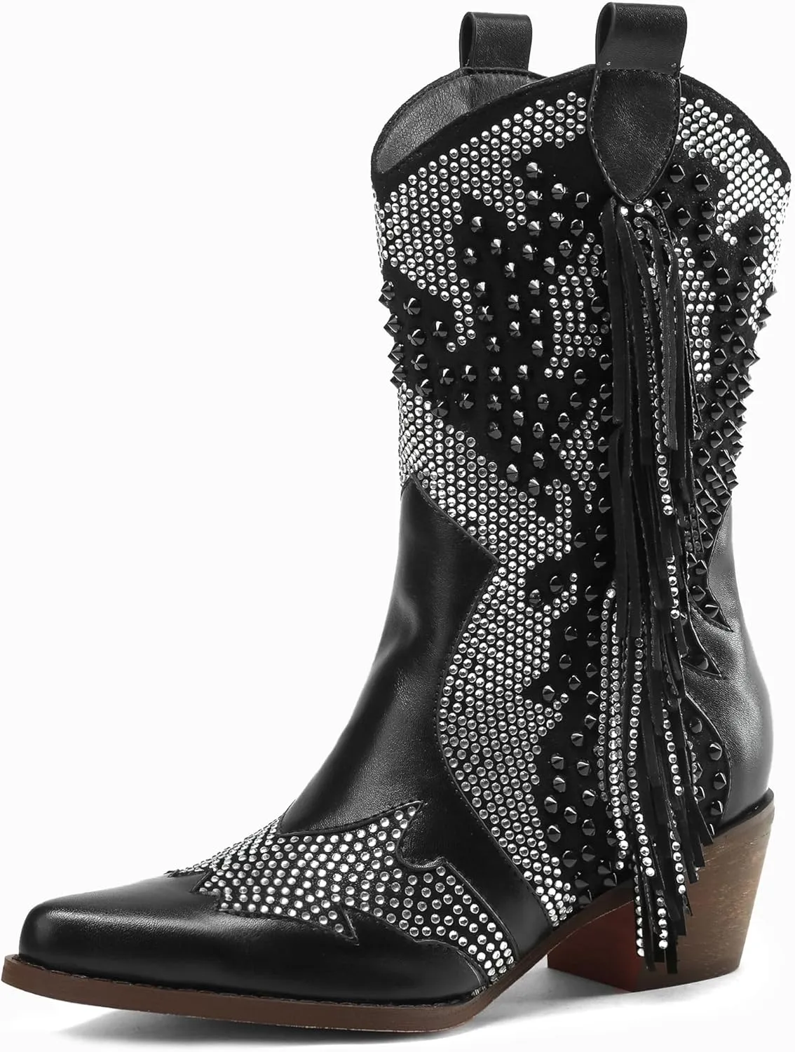 Tsrenlmln Ankle Boots for Women Pointed Toe Rhinestone Boots Chunky Heel Rivet Western Cowboy Boots With Tassel Womens Cowgirl Booties Slip-On Short Boots