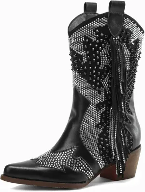 Tsrenlmln Ankle Boots for Women Pointed Toe Rhinestone Boots Chunky Heel Rivet Western Cowboy Boots With Tassel Womens Cowgirl Booties Slip-On Short Boots