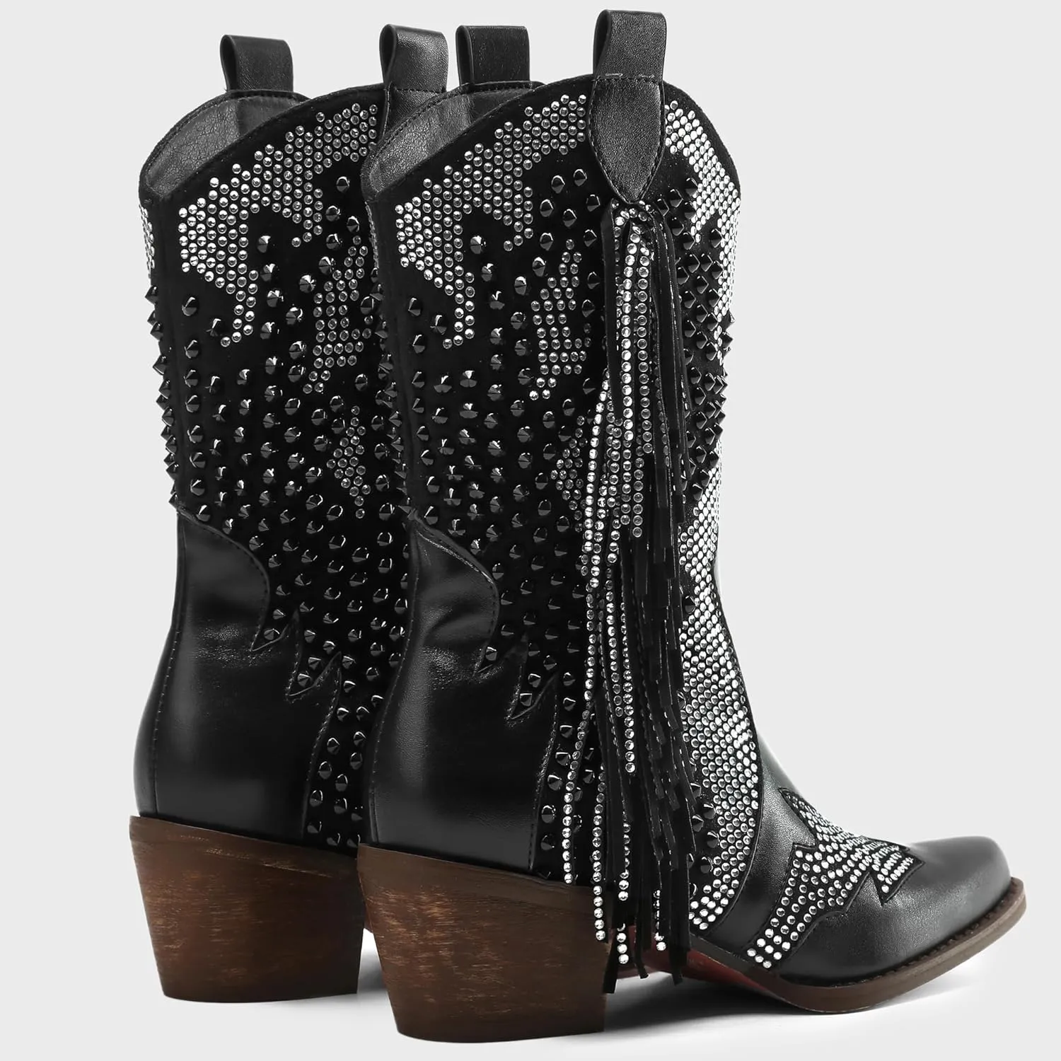 Tsrenlmln Ankle Boots for Women Pointed Toe Rhinestone Boots Chunky Heel Rivet Western Cowboy Boots With Tassel Womens Cowgirl Booties Slip-On Short Boots
