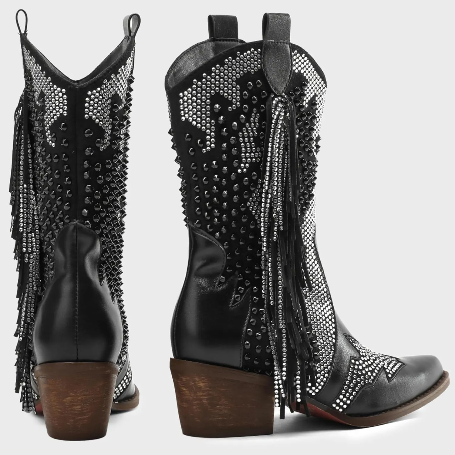 Tsrenlmln Ankle Boots for Women Pointed Toe Rhinestone Boots Chunky Heel Rivet Western Cowboy Boots With Tassel Womens Cowgirl Booties Slip-On Short Boots