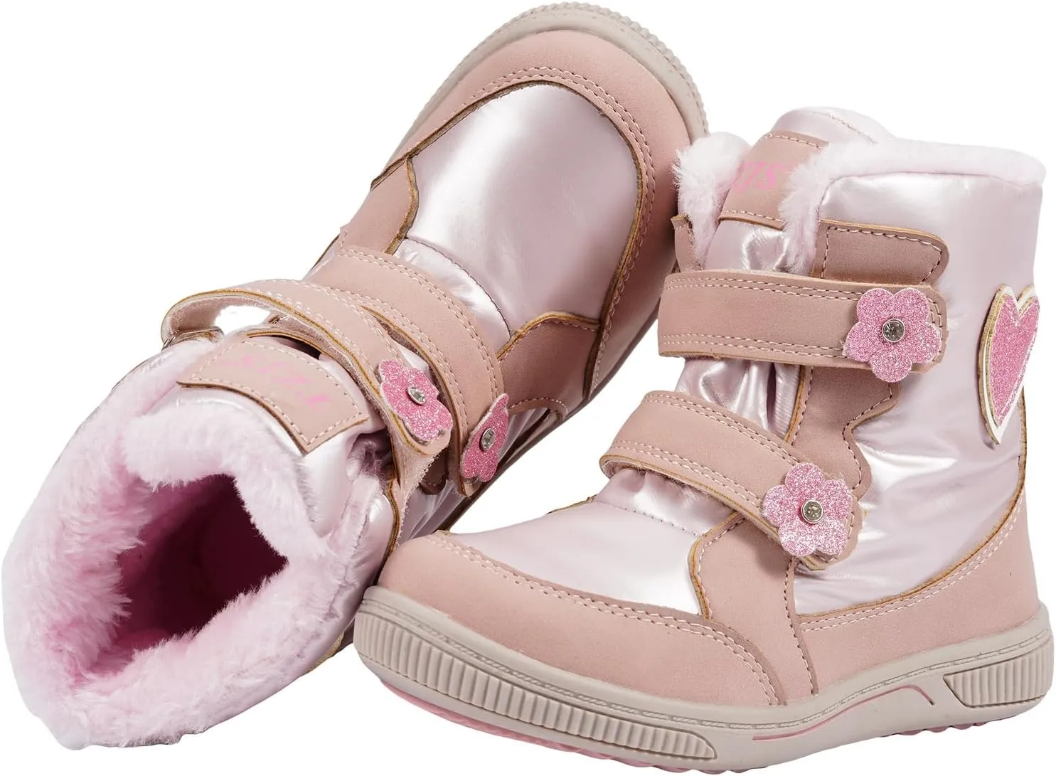 TZJS Girls Snow Boots,Lightweight Kids Warm Winter Ankle Booties Toddler Waterproof Slip Resistant Shoes For Outdoor with Faux Fur Lined