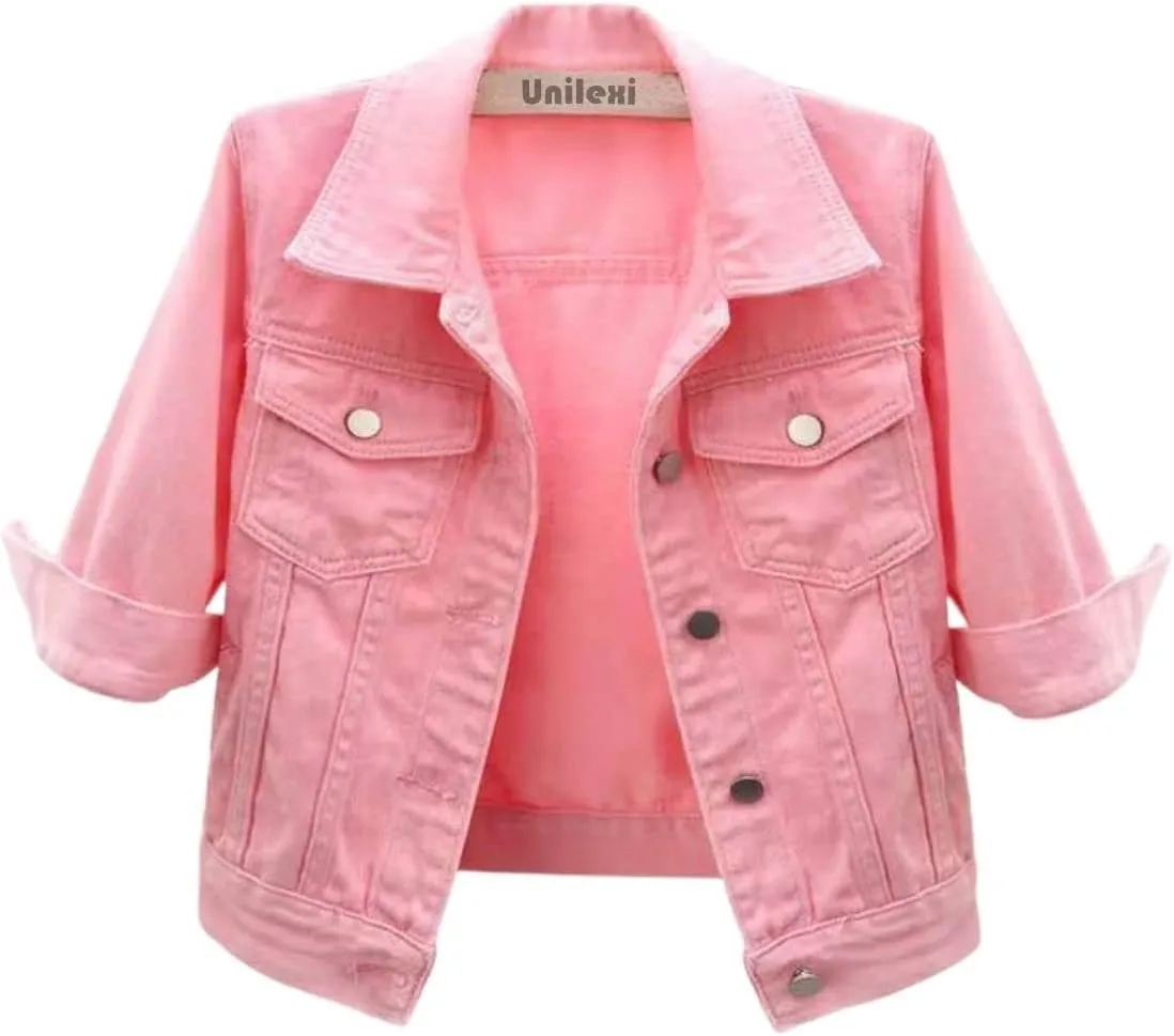 Unilexi Women's 3/4 Sleeve Colored Cropped Denim Jacket Light Wash Short Jean Jacket Trucker Coat