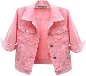 Unilexi Women's 3/4 Sleeve Colored Cropped Denim Jacket Light Wash Short Jean Jacket Trucker Coat
