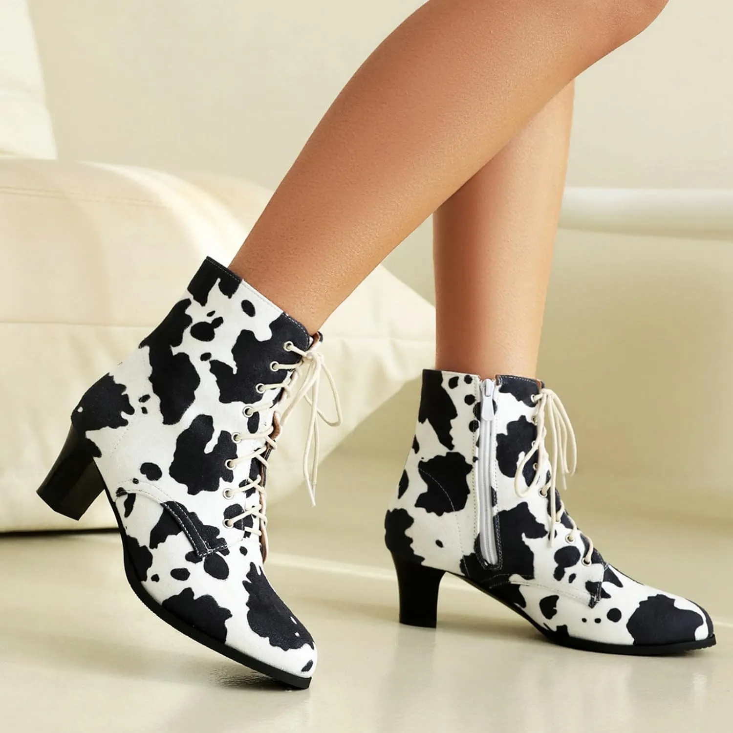 Uniquelly Women Vintage Victorian Boots Kitten Heel Lace Up Ankle Boots 70s Witch Granny Booties Side Zipper Round Toe Victorian Shoes