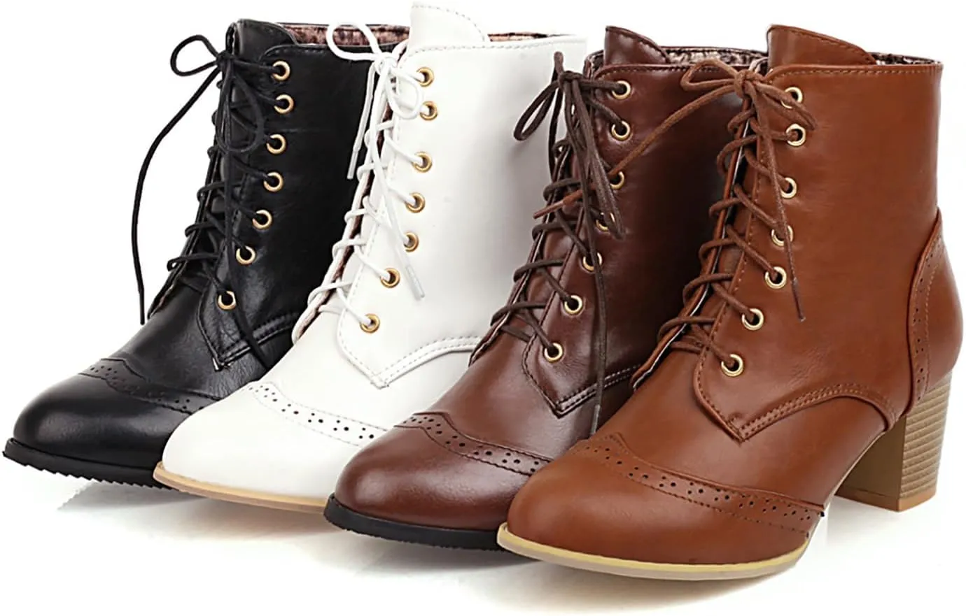 Uniquelly Womens Wingtip Booties Chunky Heel Ankle Boots Lace Up Round Toe Vintage Comfortable Winter Shoes