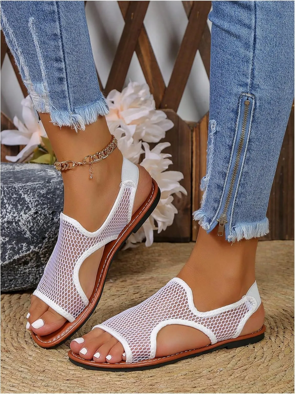 Verdusa Women's Mesh Hollow Out Sandals Cut Out Fishnet Summer Flat Open Toe Slides Sandals