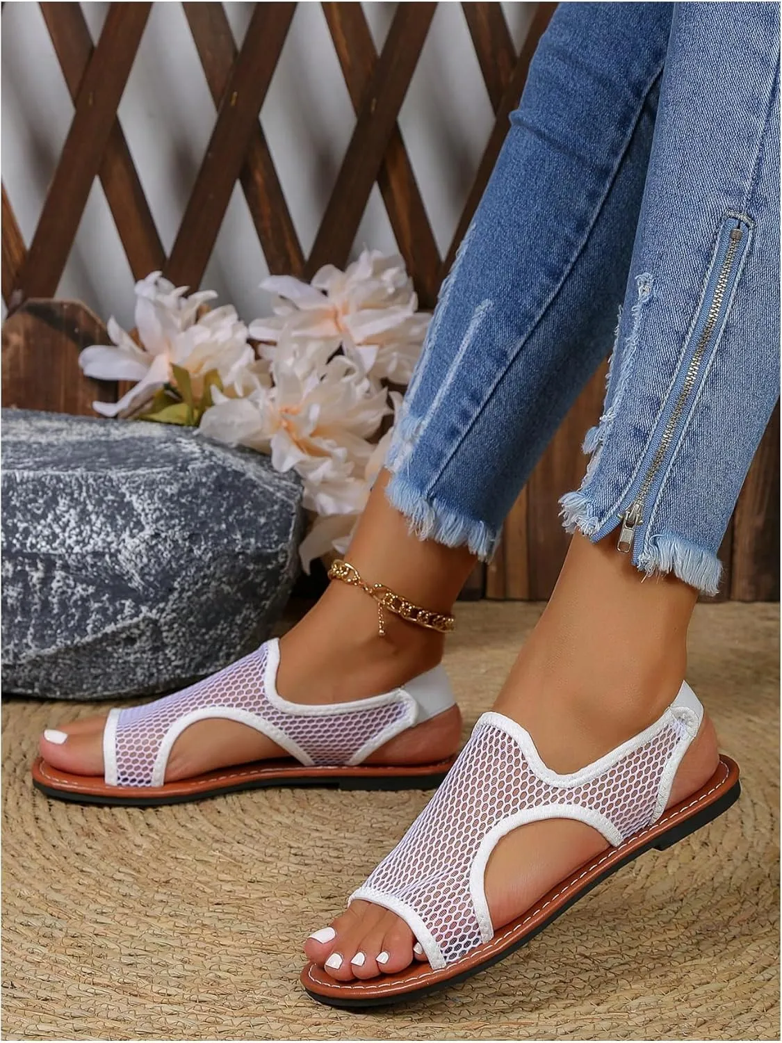 Verdusa Women's Mesh Hollow Out Sandals Cut Out Fishnet Summer Flat Open Toe Slides Sandals