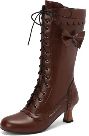 Victorian Boots for Women Vintage Bow Mid Calf Boots Costume Lace Up Goth Boots Halloween Witch Stuff Cuban Heel Mid Boots