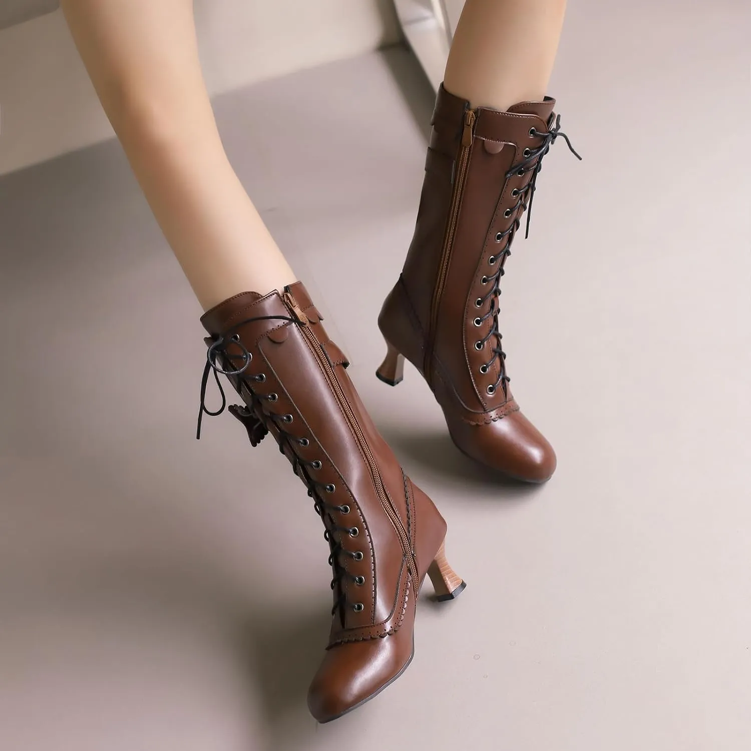 Victorian Boots for Women Vintage Bow Mid Calf Boots Costume Lace Up Goth Boots Halloween Witch Stuff Cuban Heel Mid Boots