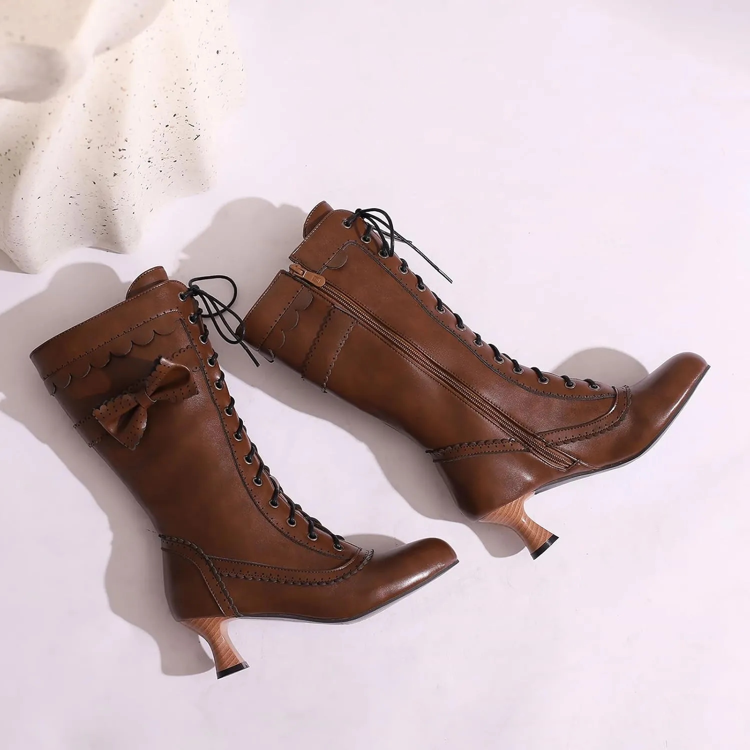 Victorian Boots for Women Vintage Bow Mid Calf Boots Costume Lace Up Goth Boots Halloween Witch Stuff Cuban Heel Mid Boots