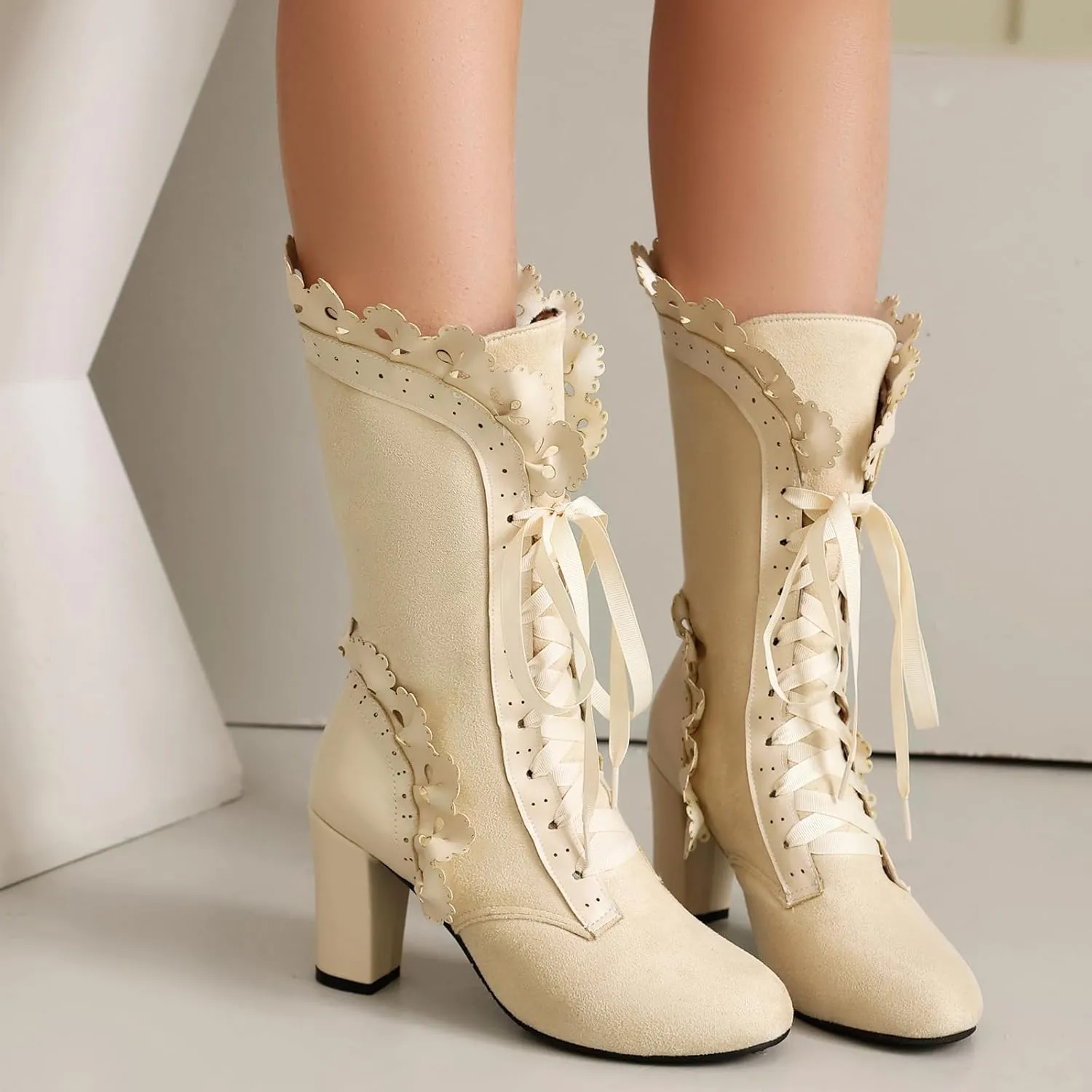 Victorian Boots for Women Vintage Bow Ruffles Goth Boots Costume Lace Up 70S Retro Boots Halloween Witch Stuff Cuban Heel Mid Calf Boots