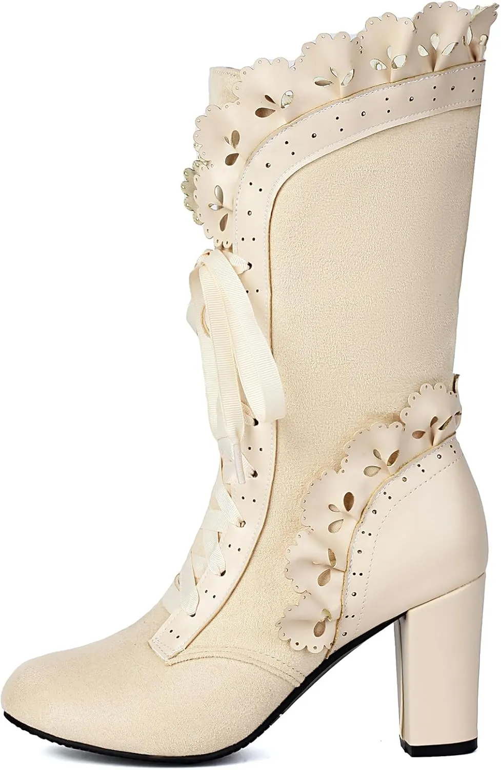 Victorian Boots for Women Vintage Bow Ruffles Goth Boots Costume Lace Up 70S Retro Boots Halloween Witch Stuff Cuban Heel Mid Calf Boots
