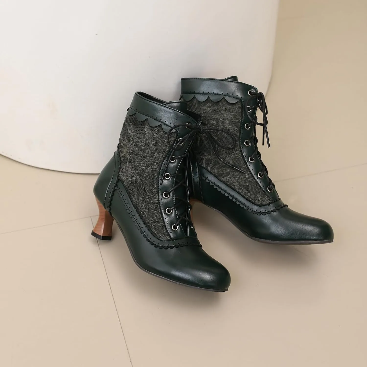 Vintage Victorian Boots for Women Kitten Heel Lace Ruffles Granny Boots Lace Up Ankle-High Booties