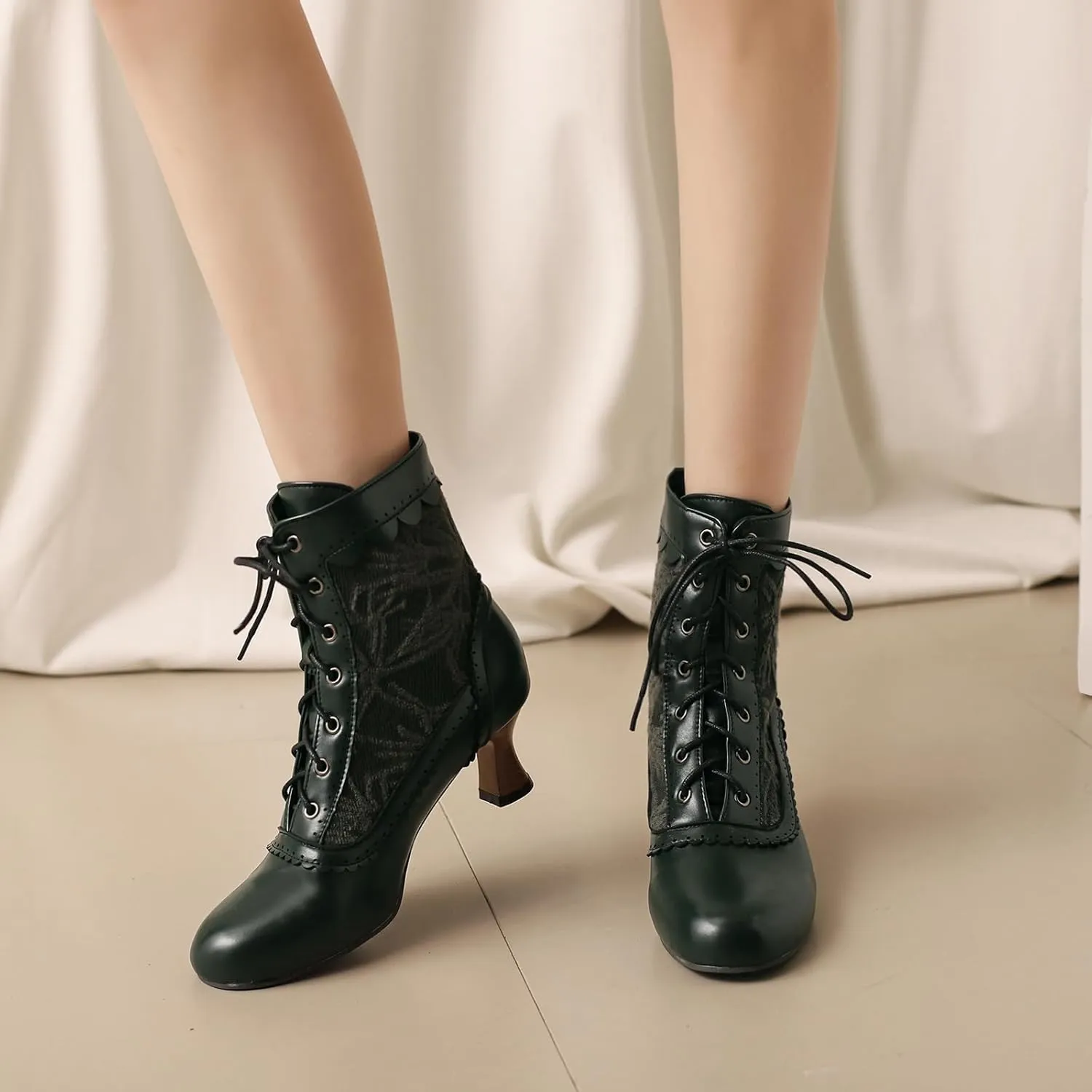 Vintage Victorian Boots for Women Kitten Heel Lace Ruffles Granny Boots Lace Up Ankle-High Booties