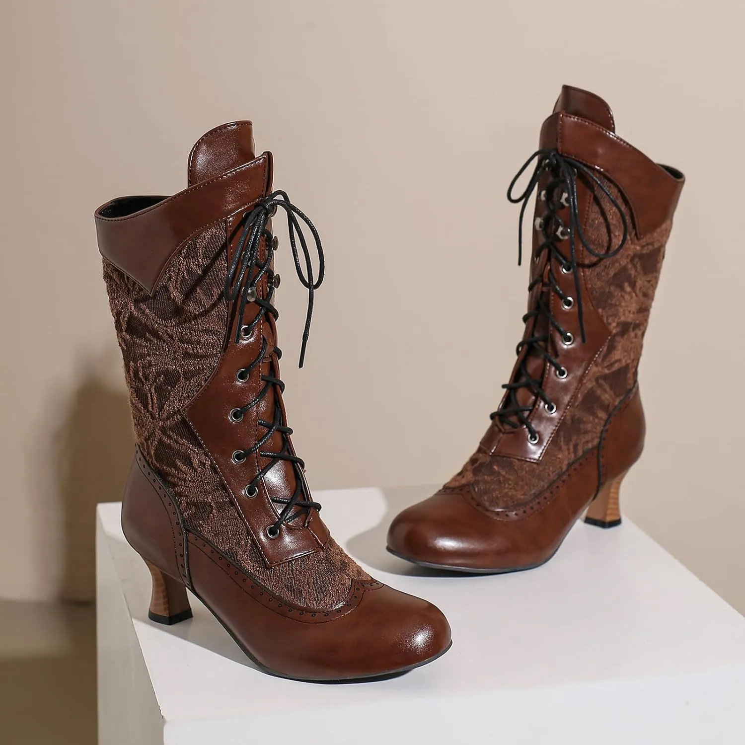 Vintage Victorian Boots for Women Mid Calf Kitten Heel Lace Granny Boots Lace Up Half Boots