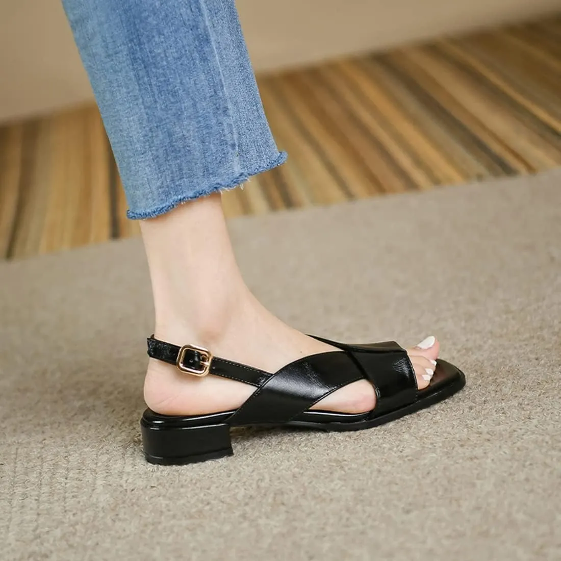 VOKLIN Women's Casual Comfort Flat Low Heels Sandals Open Toe Buckle Slingback Summer Dress Heeled Sandal