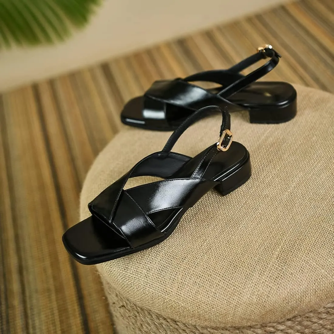 VOKLIN Women's Casual Comfort Flat Low Heels Sandals Open Toe Buckle Slingback Summer Dress Heeled Sandal