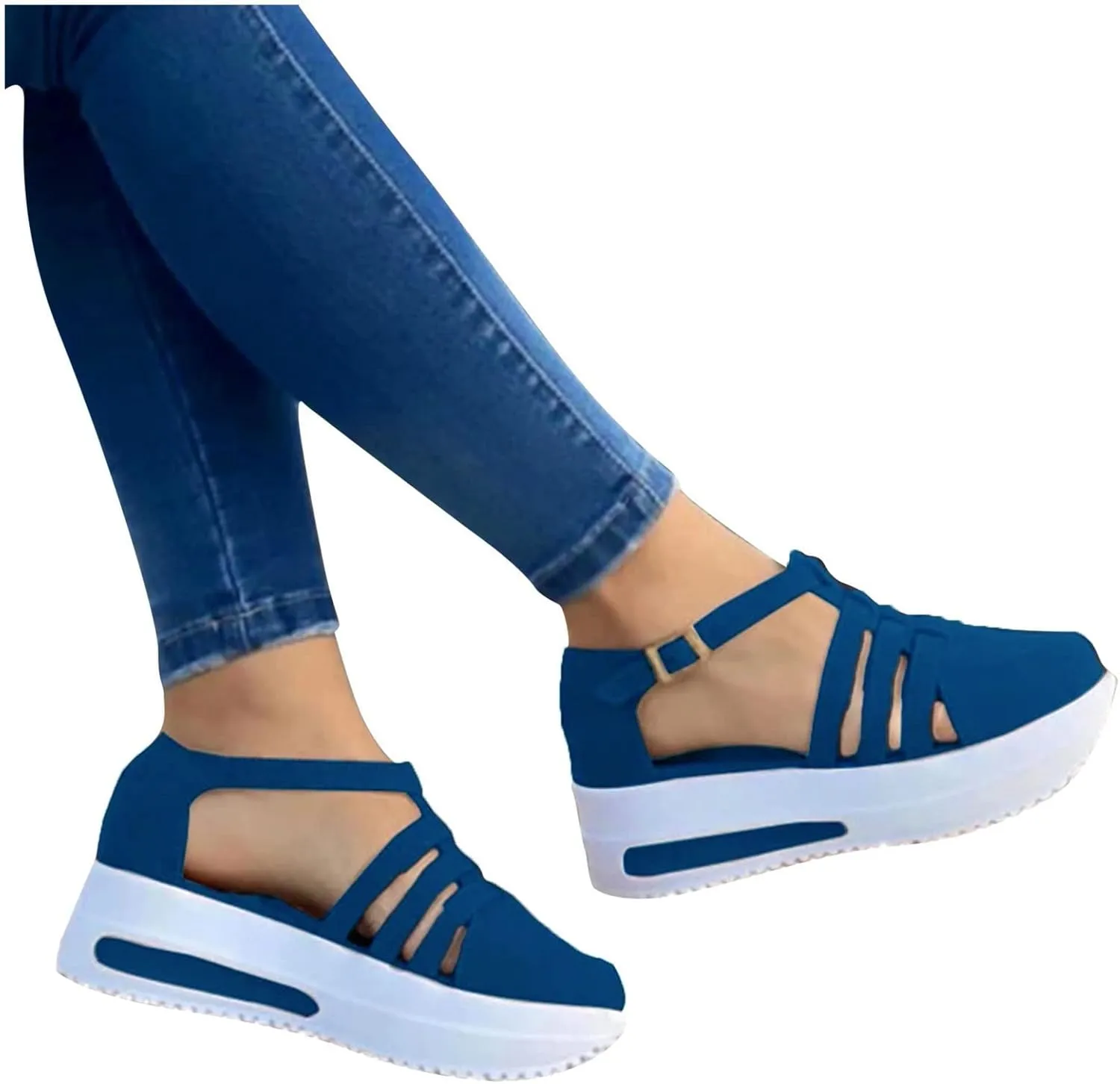 Wedge Sandals for Women Thick Bottom Flats with Arch Support Elastic Ankle Strap Closed Toe Summer Non-Slip Sandals