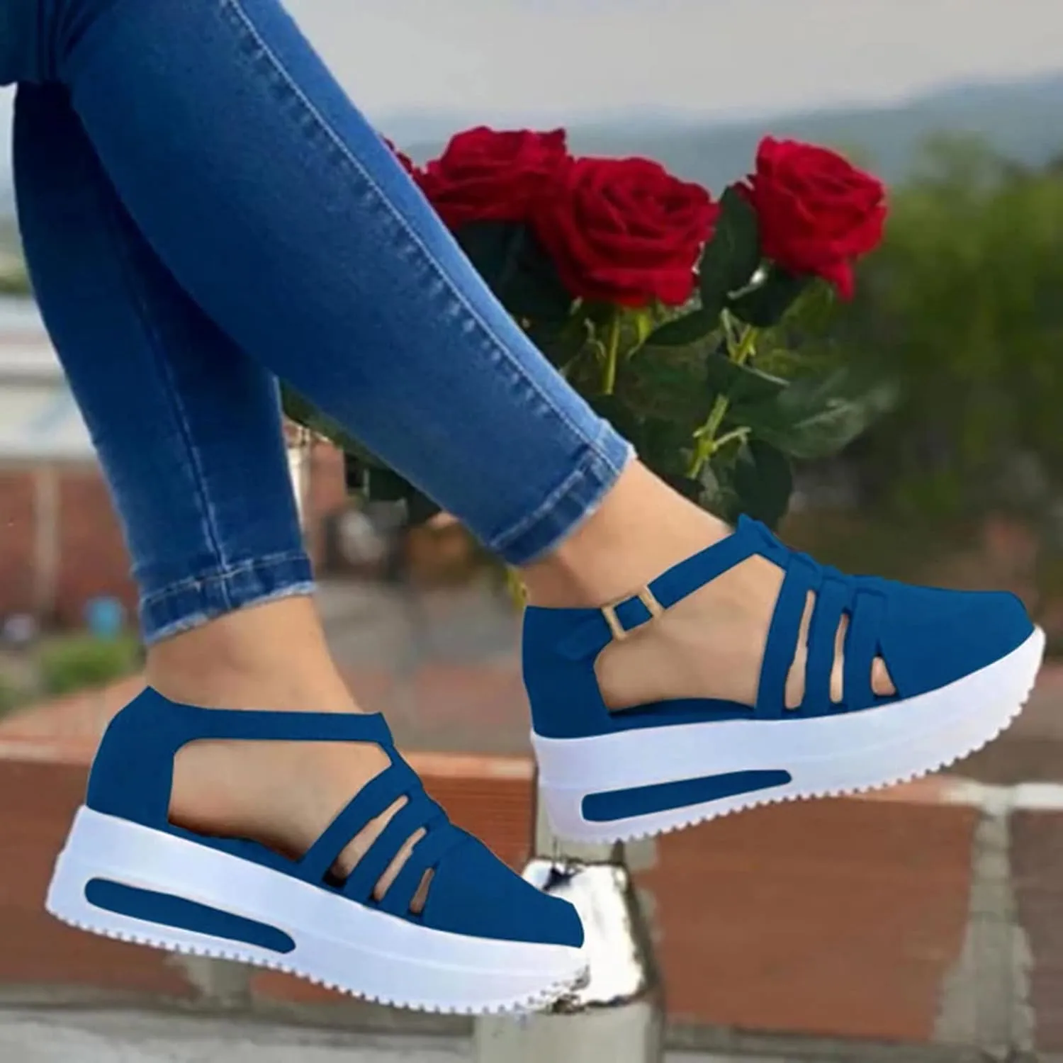 Wedge Sandals for Women Thick Bottom Flats with Arch Support Elastic Ankle Strap Closed Toe Summer Non-Slip Sandals