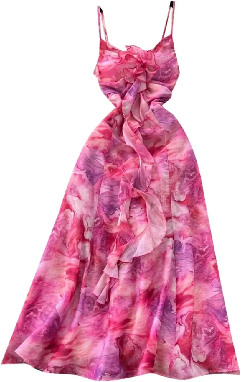 Women Backless Holiday Beach Dress Print Vintage V-Neck Slim Fit Club Party Dresses