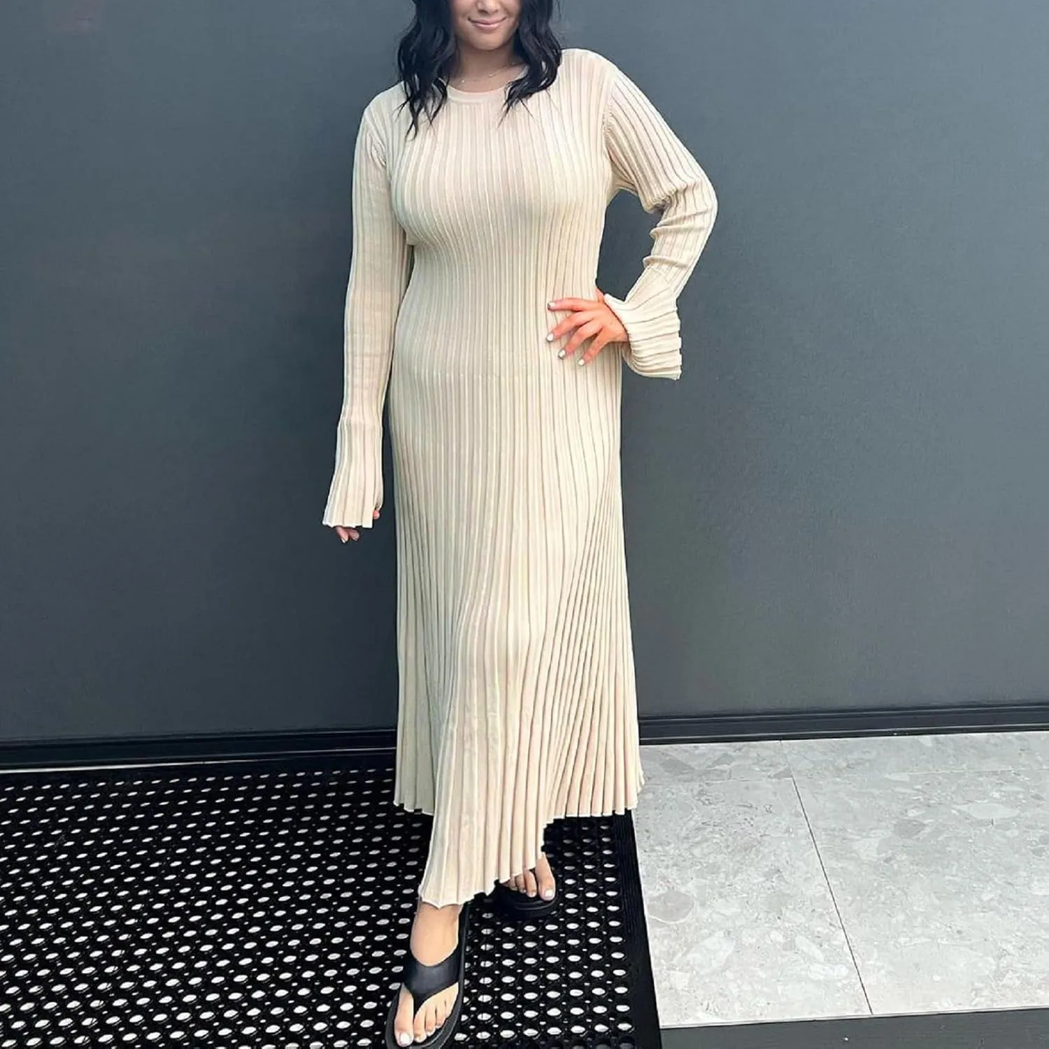 Women Bell Long Sleeve Knit Maxi Dress Crewneck Ribbed Bodycon Long Dress Slim Fit Y2K Sweater Dress Streetwear