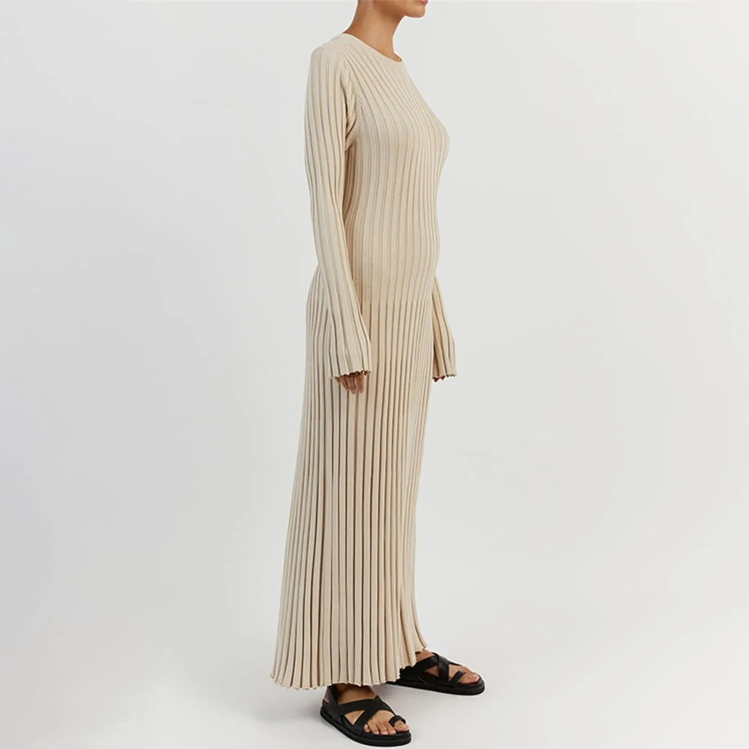 Women Bell Long Sleeve Knit Maxi Dress Crewneck Ribbed Bodycon Long Dress Slim Fit Y2K Sweater Dress Streetwear
