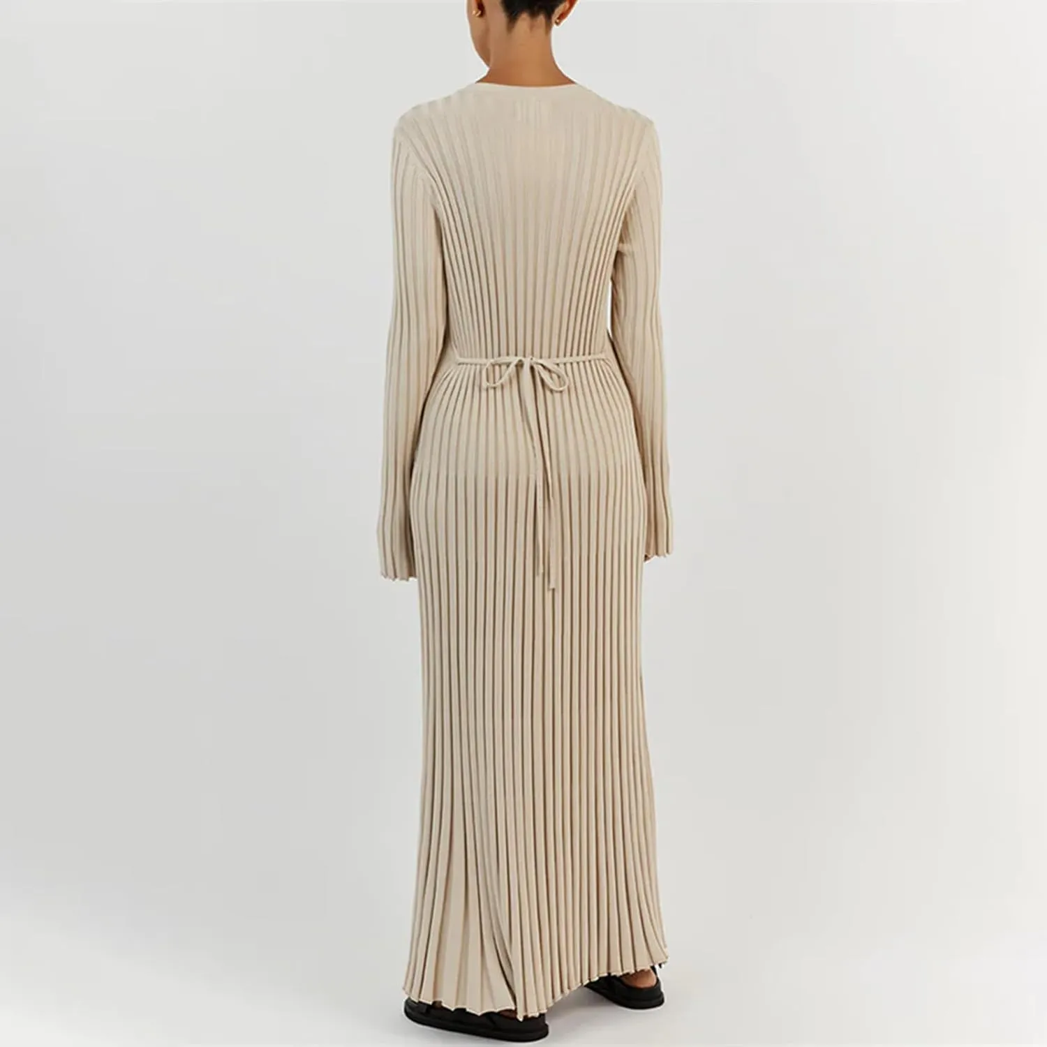 Women Bell Long Sleeve Knit Maxi Dress Crewneck Ribbed Bodycon Long Dress Slim Fit Y2K Sweater Dress Streetwear