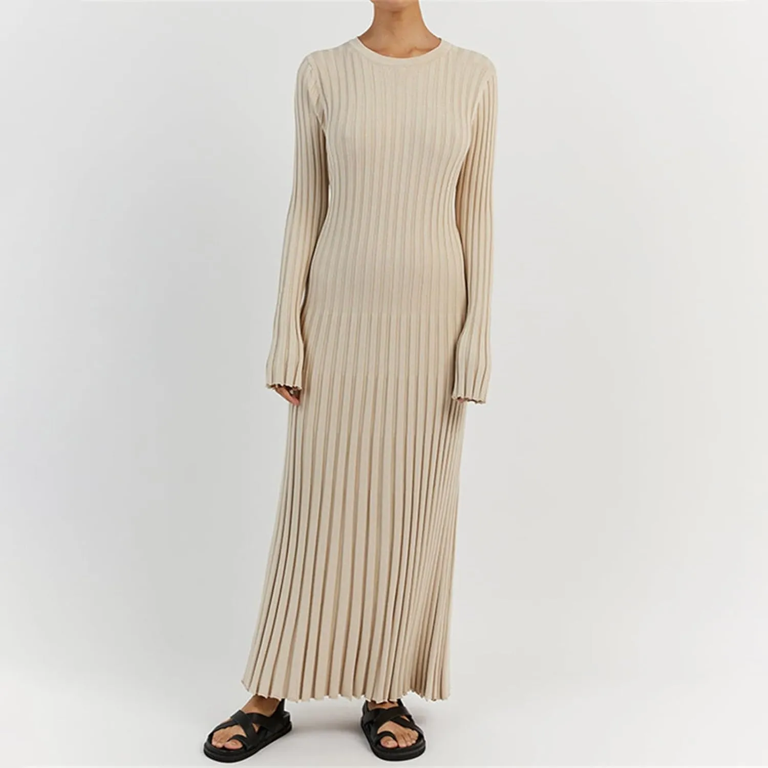 Women Bell Long Sleeve Knit Maxi Dress Crewneck Ribbed Bodycon Long Dress Slim Fit Y2K Sweater Dress Streetwear