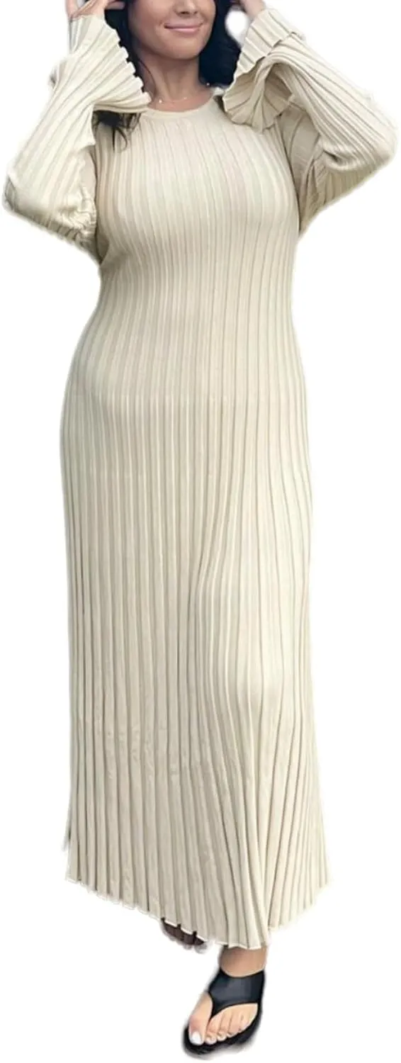 Women Bell Long Sleeve Knit Maxi Dress Crewneck Ribbed Bodycon Long Dress Slim Fit Y2K Sweater Dress Streetwear