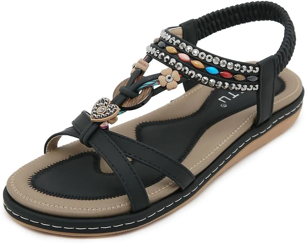 Women Bohemia Beaded Open Toe Flat Sandals Summer Comfortable Beach Sandal Shoes