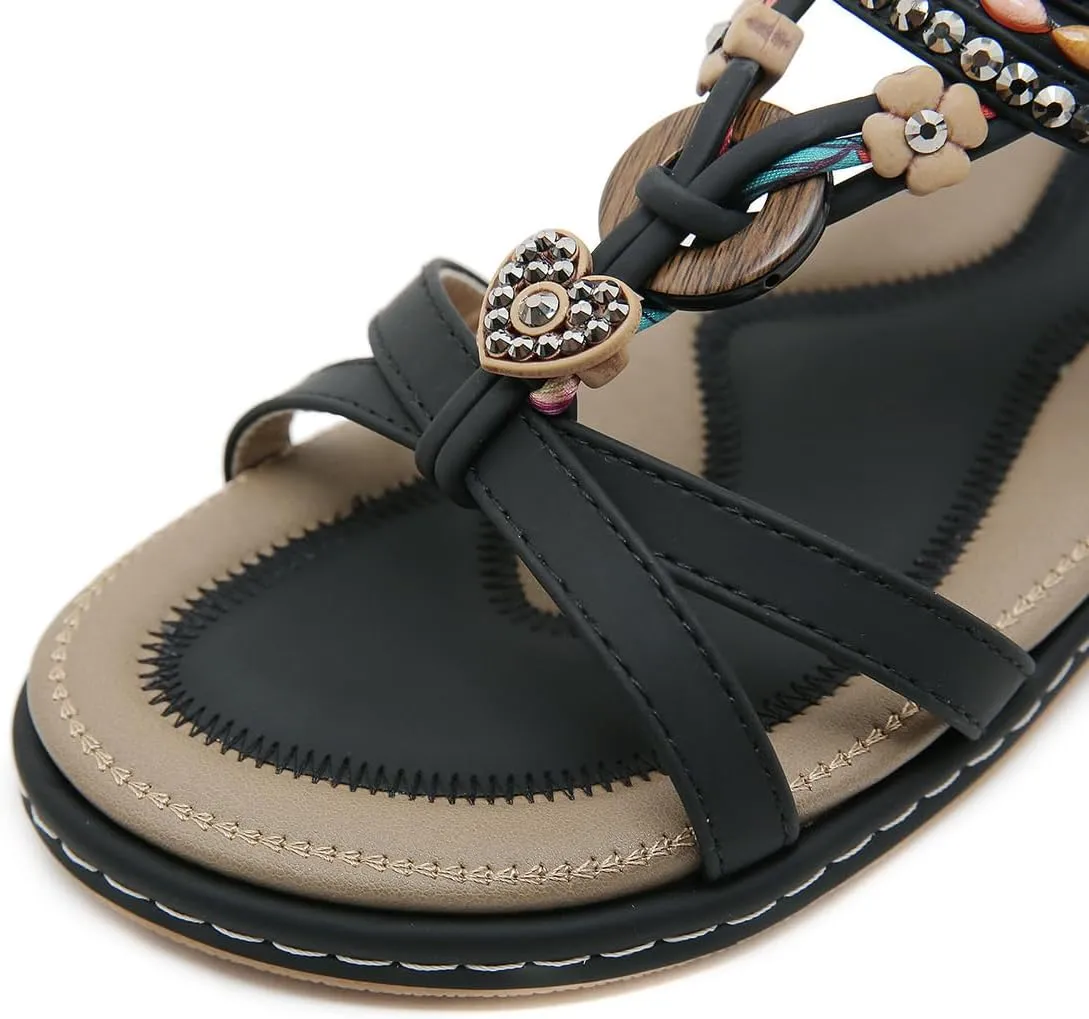 Women Bohemia Beaded Open Toe Flat Sandals Summer Comfortable Beach Sandal Shoes