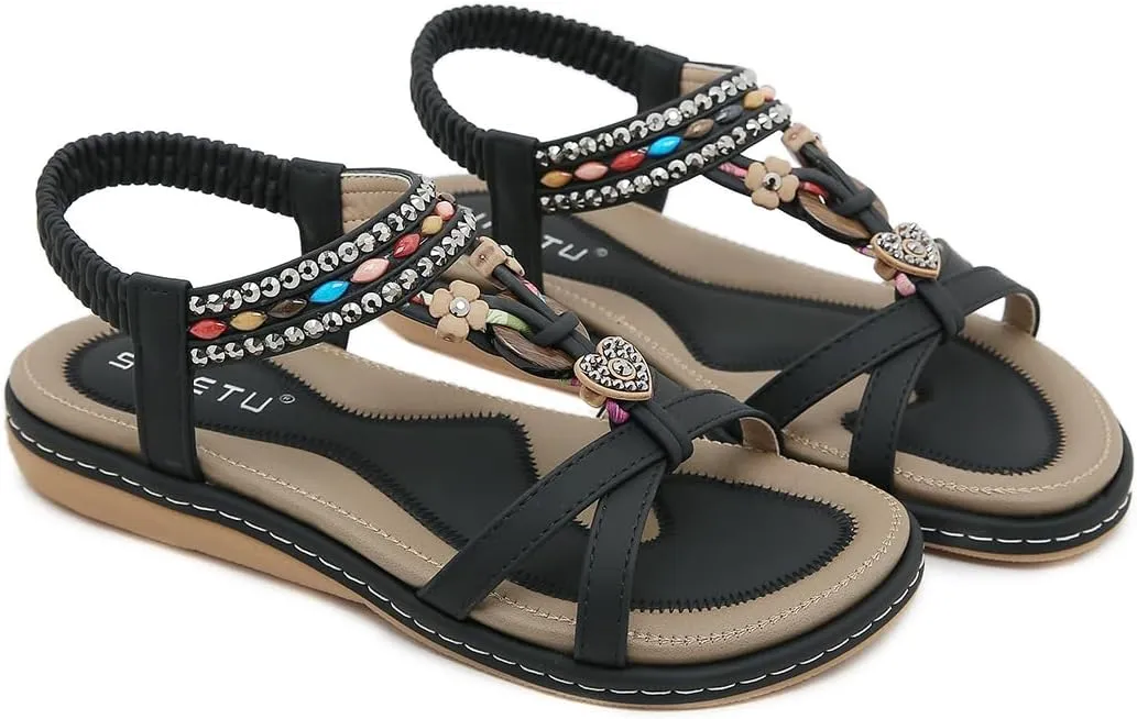 Women Bohemia Beaded Open Toe Flat Sandals Summer Comfortable Beach Sandal Shoes