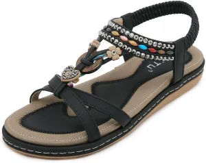 Women Bohemia Beaded Open Toe Flat Sandals Summer Comfortable Beach Sandal Shoes