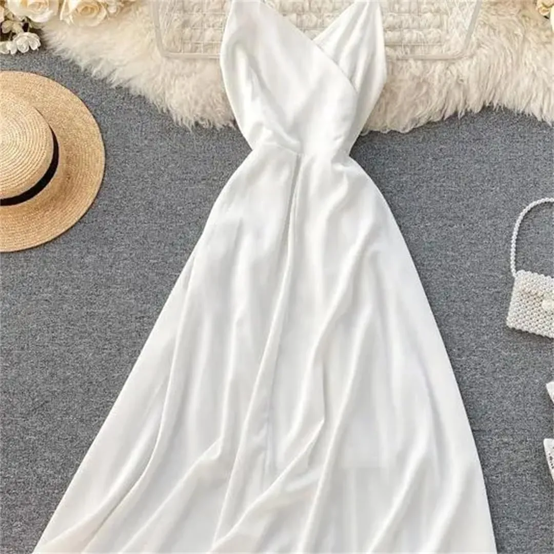 Women Bohemian White Beach Long Dress Spaghetti Strap A-Line Backless Dresses