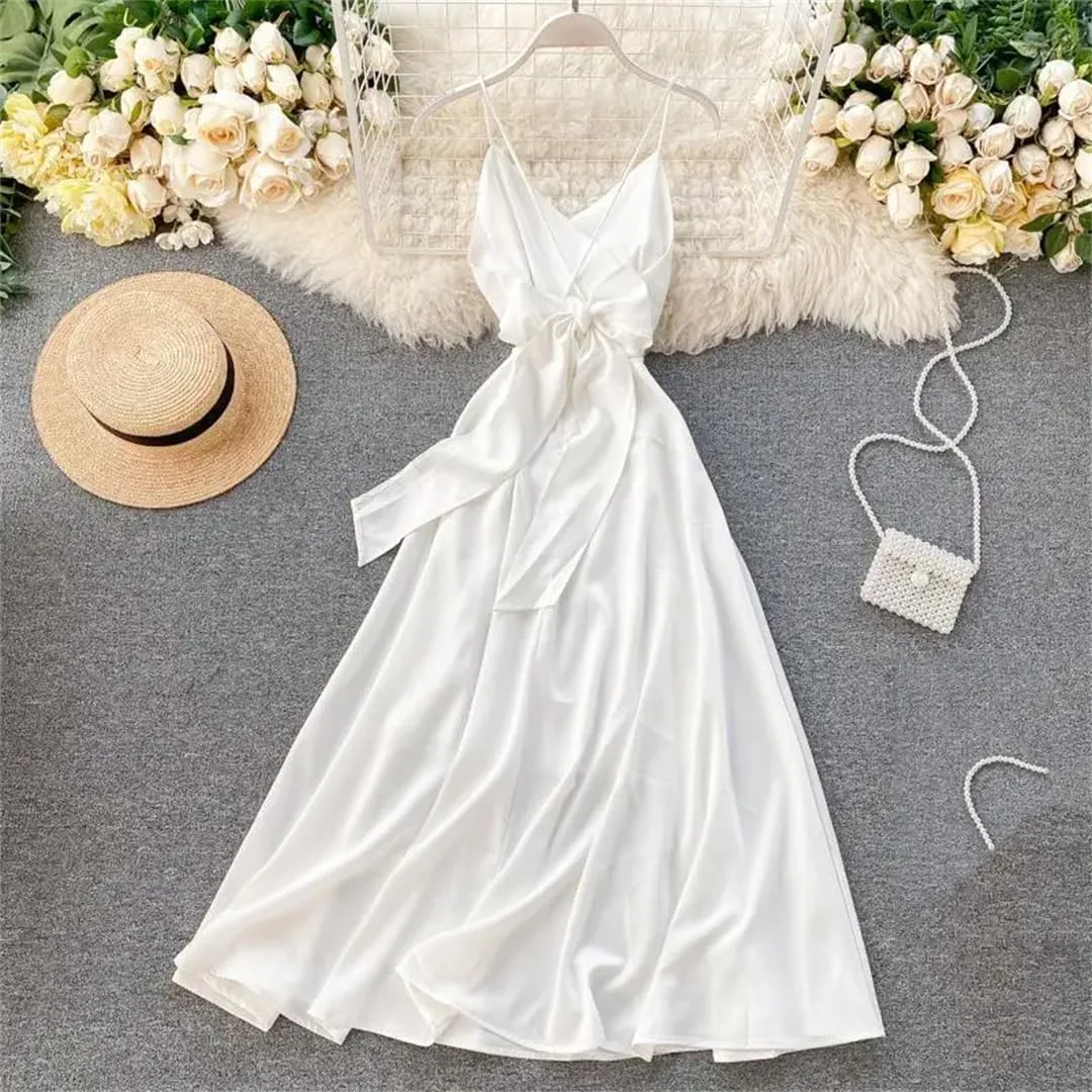 Women Bohemian White Beach Long Dress Spaghetti Strap A-Line Backless Dresses