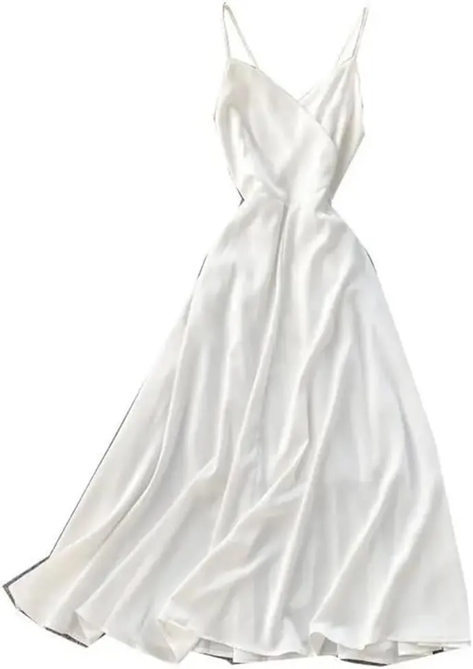 Women Bohemian White Beach Long Dress Spaghetti Strap A-Line Backless Dresses