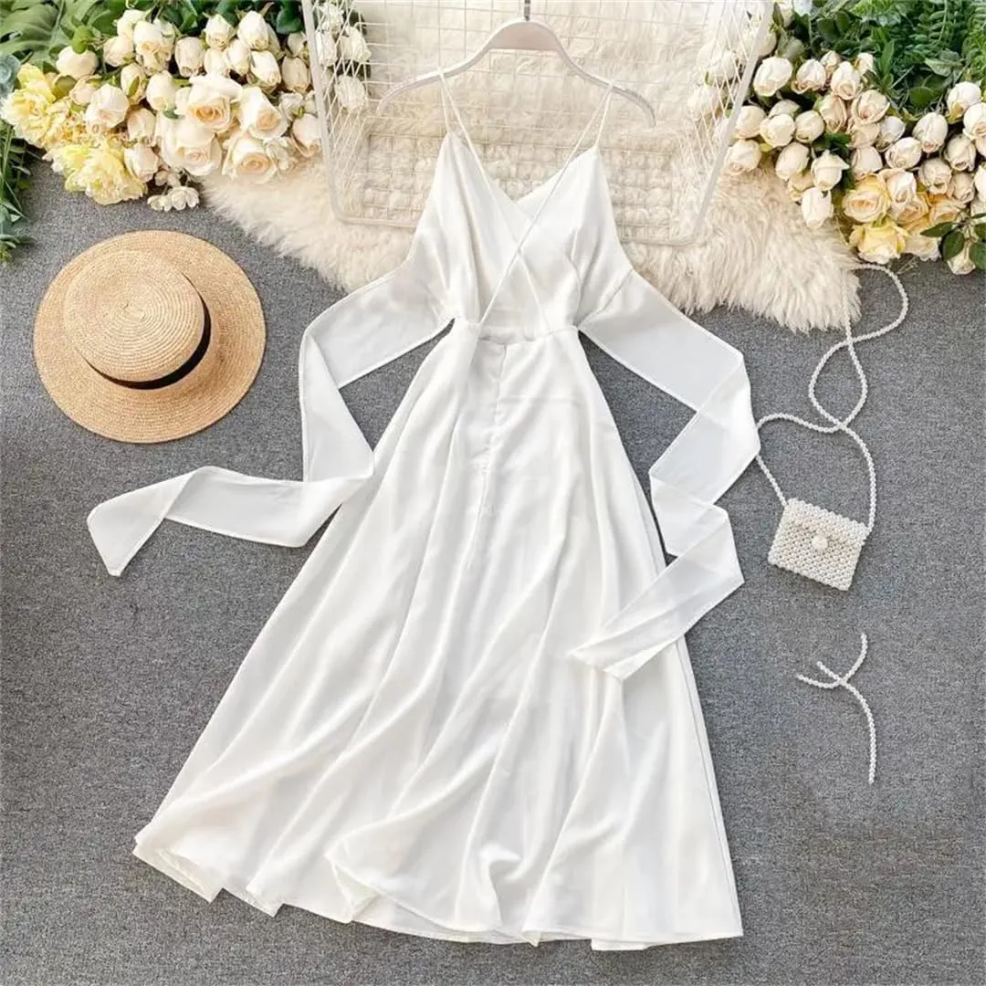 Women Bohemian White Beach Long Dress Spaghetti Strap A-Line Backless Dresses