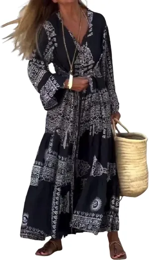 Women Casual Bohemian Print Dress V Neck Bell Sleeve 2025 Summer Shift Casual Loose Flowy Trendy Maxi Dress