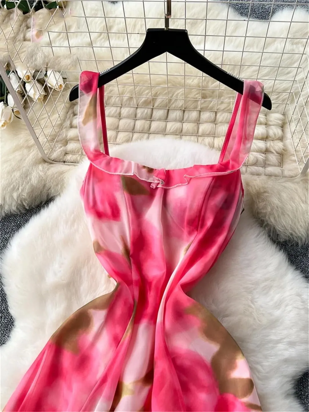Women Chiffon Floral Print Sundress Ruffles Straps Zipper Backless Beach Party Dress