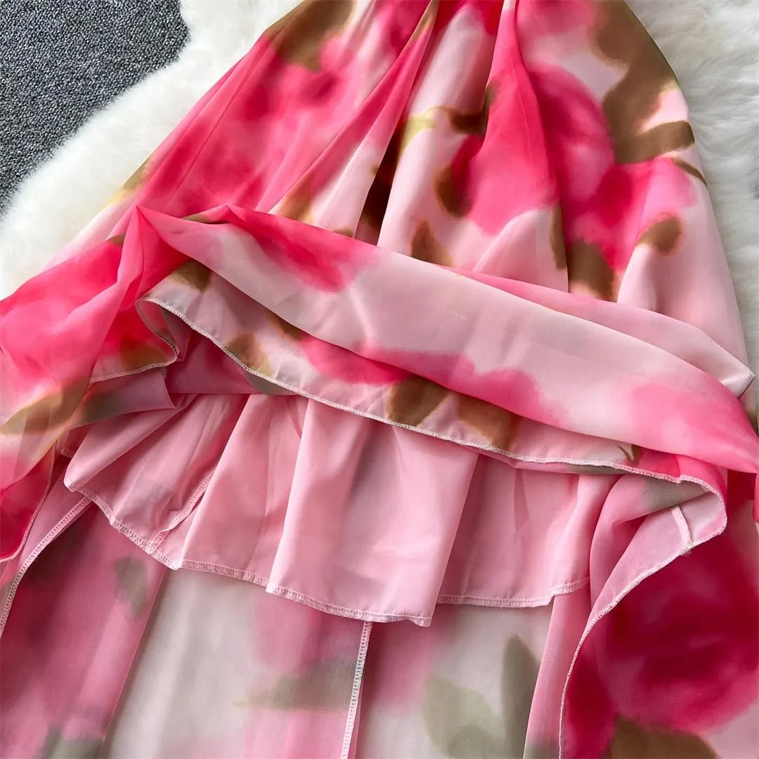 Women Chiffon Floral Print Sundress Ruffles Straps Zipper Backless Beach Party Dress