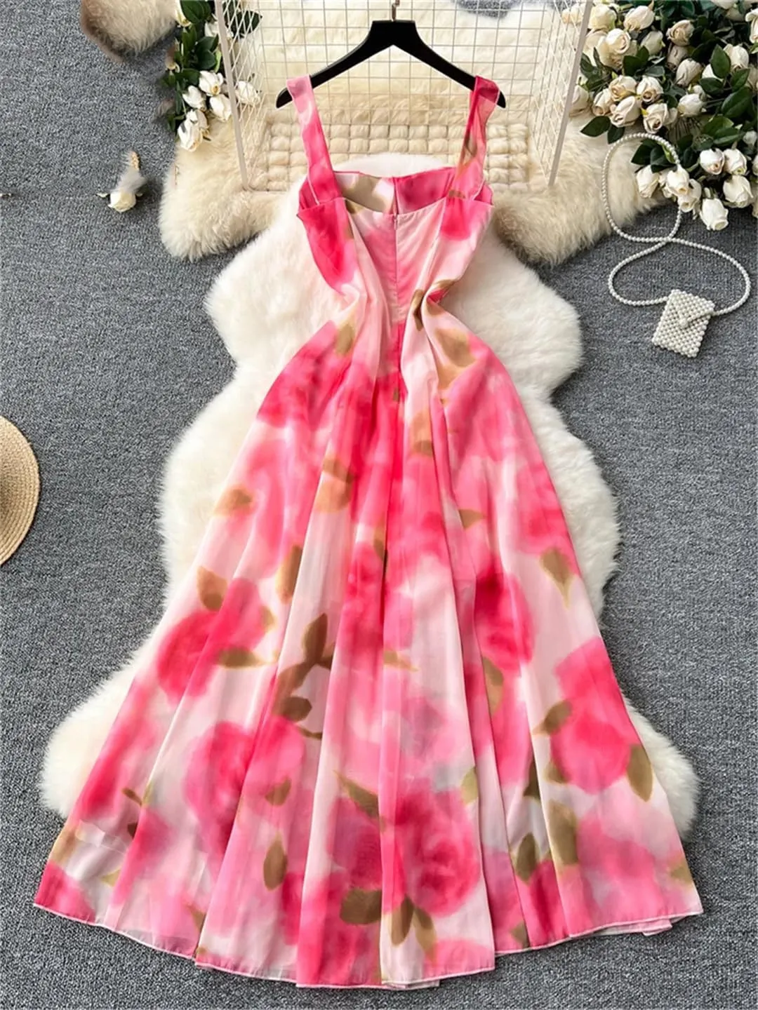 Women Chiffon Floral Print Sundress Ruffles Straps Zipper Backless Beach Party Dress