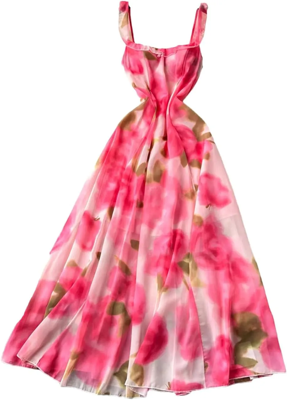 Women Chiffon Floral Print Sundress Ruffles Straps Zipper Backless Beach Party Dress