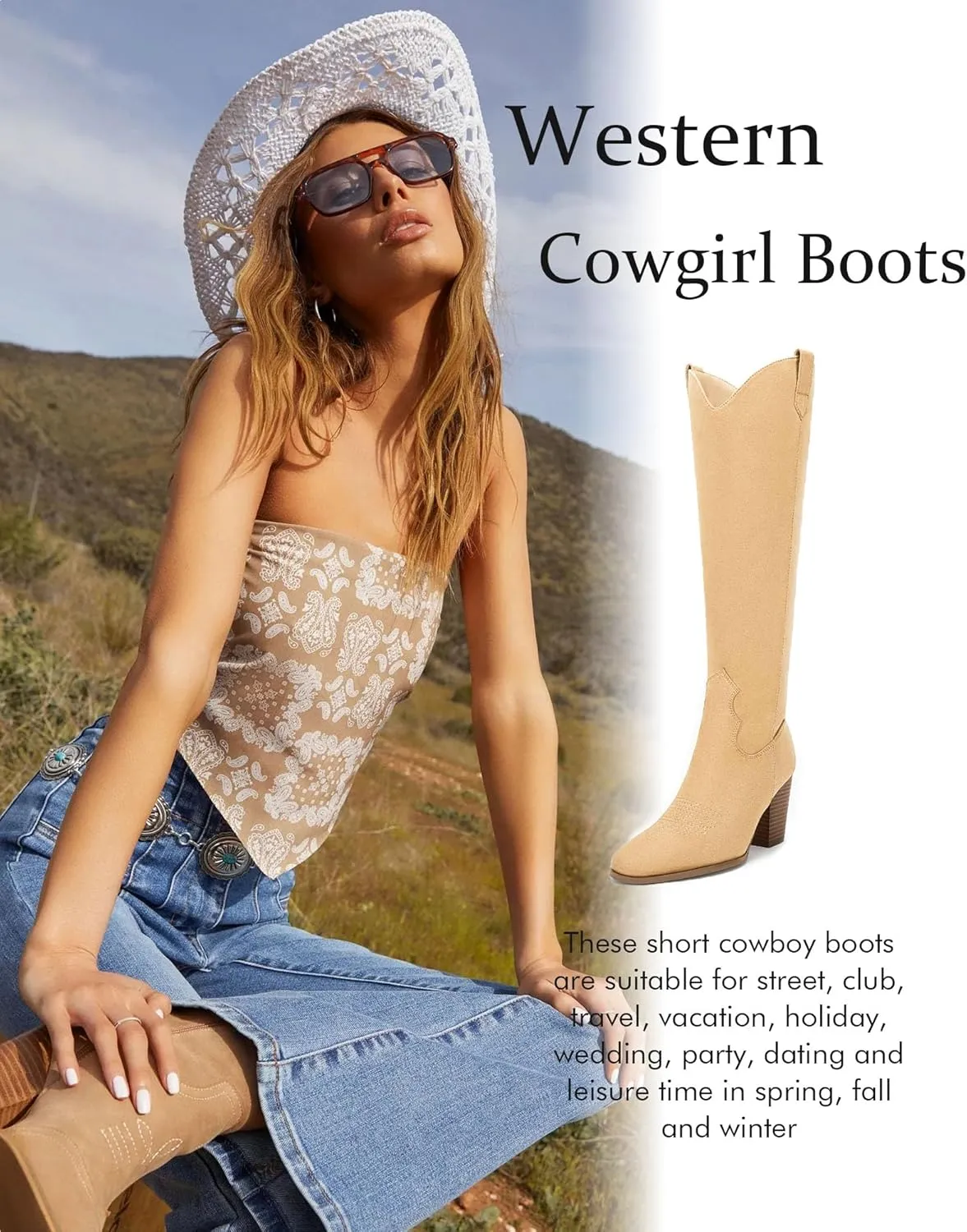 Women Cowboy Knee High Boots Chunky Block Heel Square Toe Tall Riding Boots