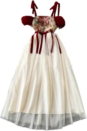 Women Embroidered Retro Print Sheath Dress Lace-Up Hollow Out Mesh Long Party Dress