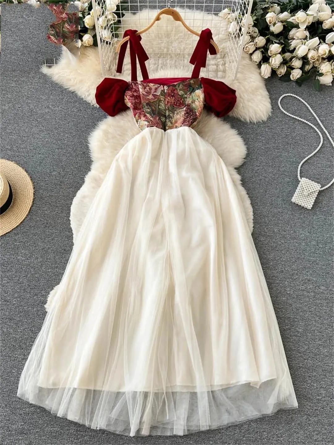 Women Embroidered Retro Print Sheath Dress Lace-Up Hollow Out Mesh Long Party Dress