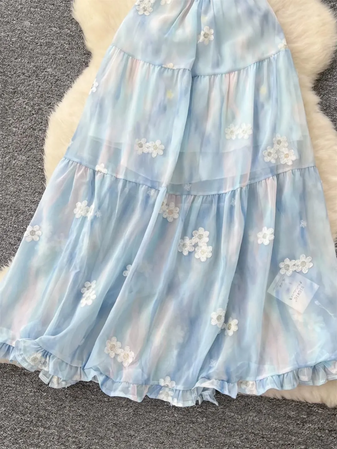 Women Embroidery Floral Long Dress Sleeveless Spaghetti Strap Backless Bandage Birthday Party Dress