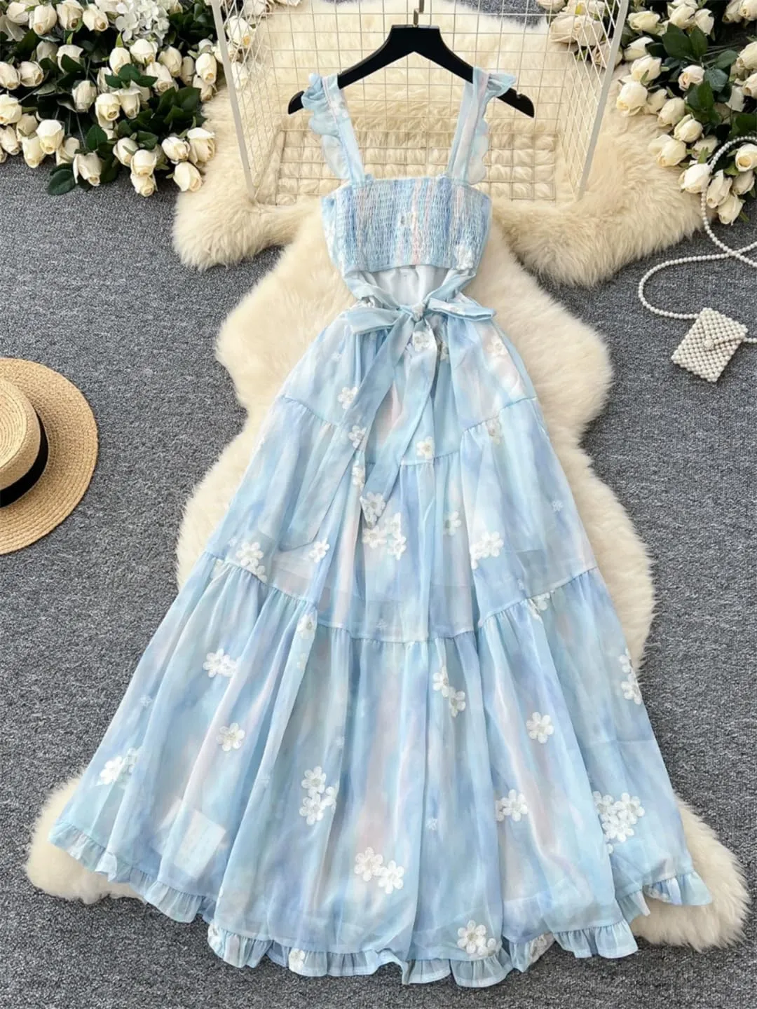 Women Embroidery Floral Long Dress Sleeveless Spaghetti Strap Backless Bandage Birthday Party Dress
