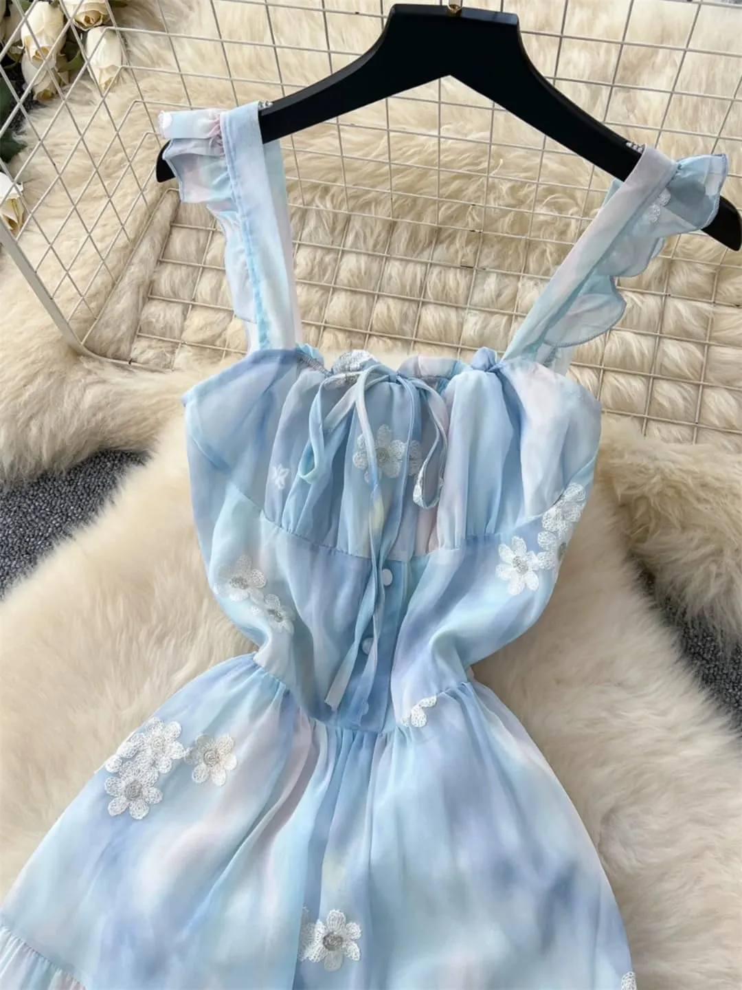 Women Embroidery Floral Long Dress Sleeveless Spaghetti Strap Backless Bandage Birthday Party Dress