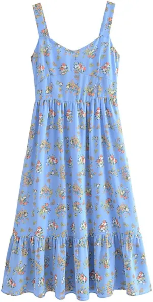 Women Floral Print Chiffon Dress Spaghetti Strap Party Midi Dresses Square Collar