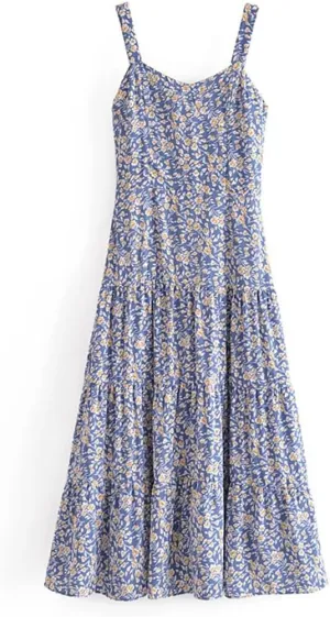Women Floral Print Chiffon Dress Spaghetti Strap Party Midi Dresses Square Collar